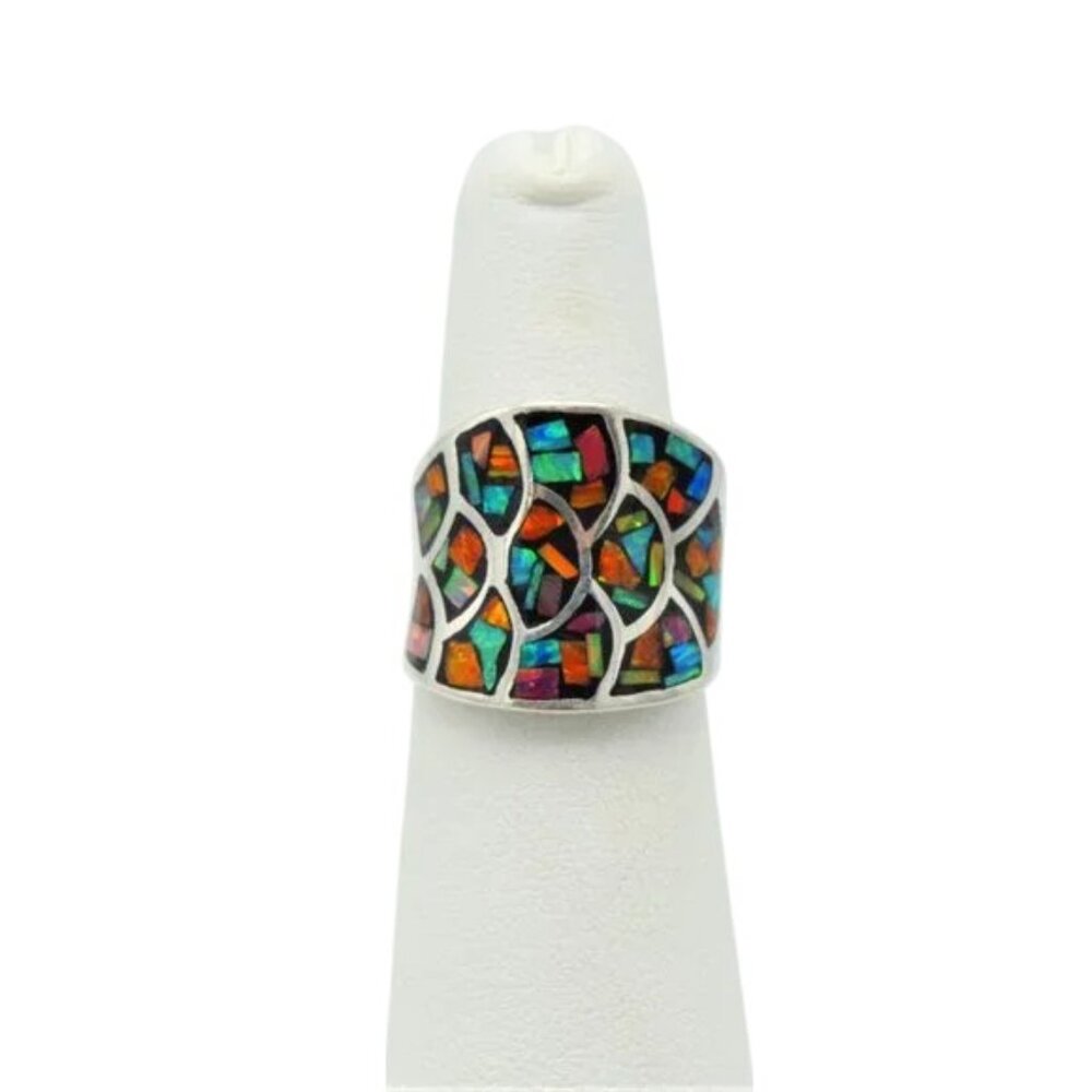 Vintage Ring Multi Color Opal Shell & Sterling Silver Ring